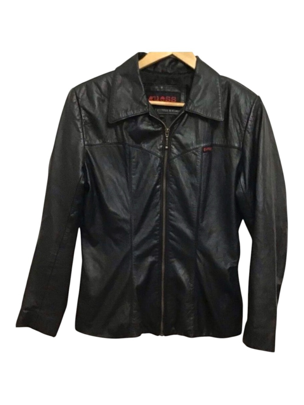 Guess Genuine Leather Black Fitted Zip Jacket Y2K Moto Style Women Small